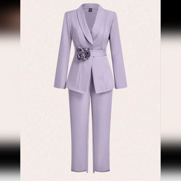 Women Floral Applique Waistbelt Long Sleeve Jacket And Pant Elegant 2pcs Set - Picture 1 of 4